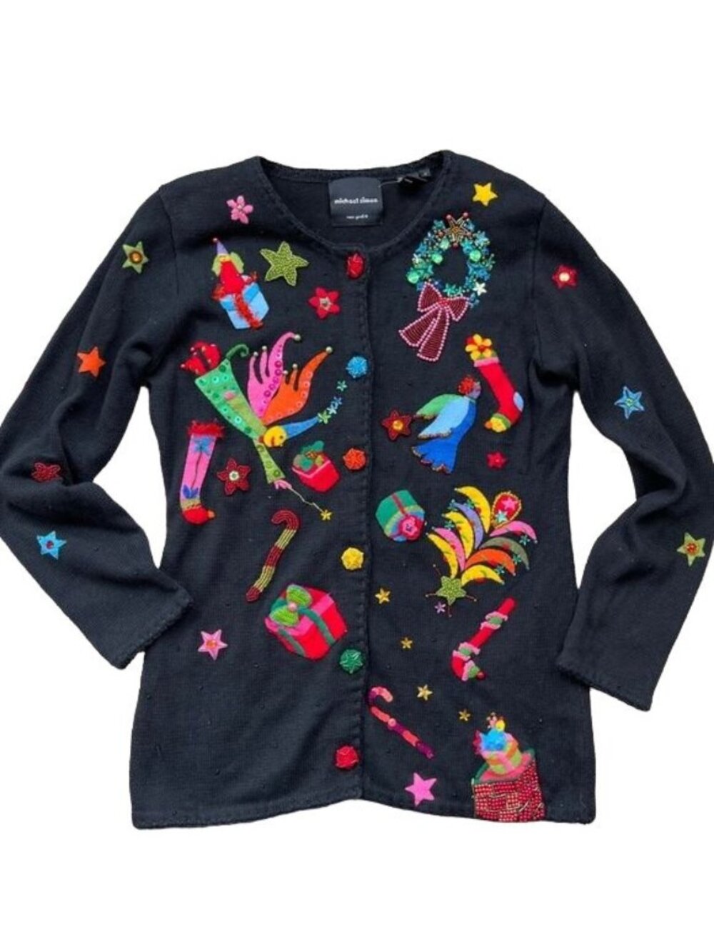 Michael Simon Cardigan Christmas Holiday Beaded Art Black Sweater Long Sz Medium